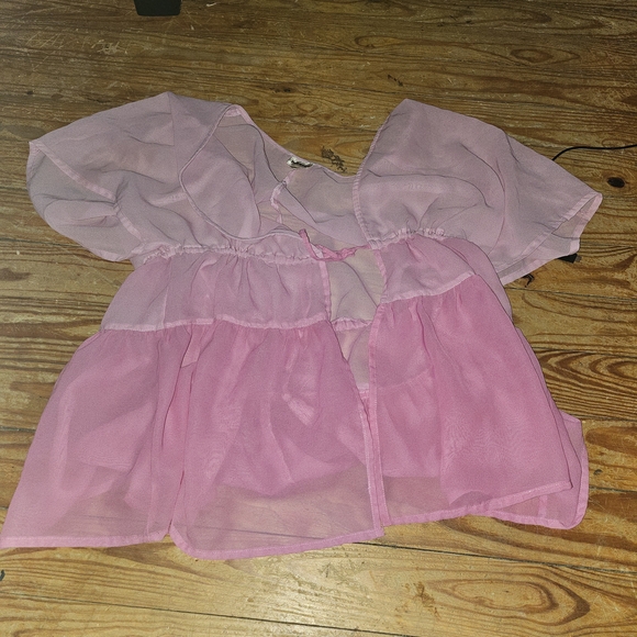 pizer Tops - Sheer Pink Ruffle-Tiered Short Sleeve Blouse